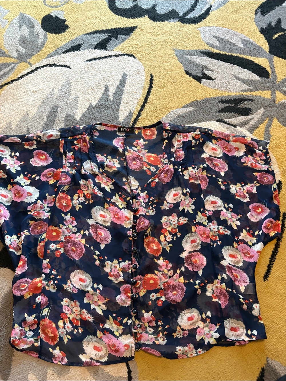 FYLO Navy Floral Button-Up Blouse with Pink & Coral Flowers